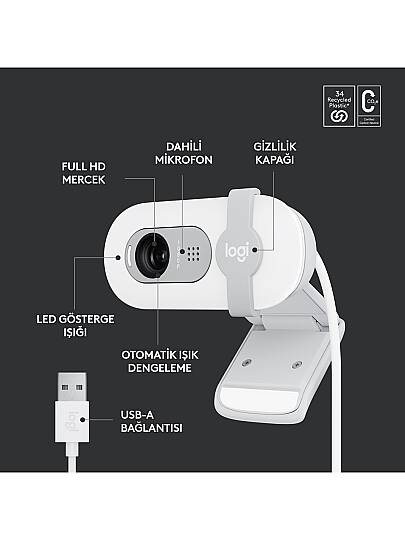 BRIO 100 Full HD 1080p Gizlilik Kapaklı Mikrofonlu Web Kamerası - Beyaz - 5