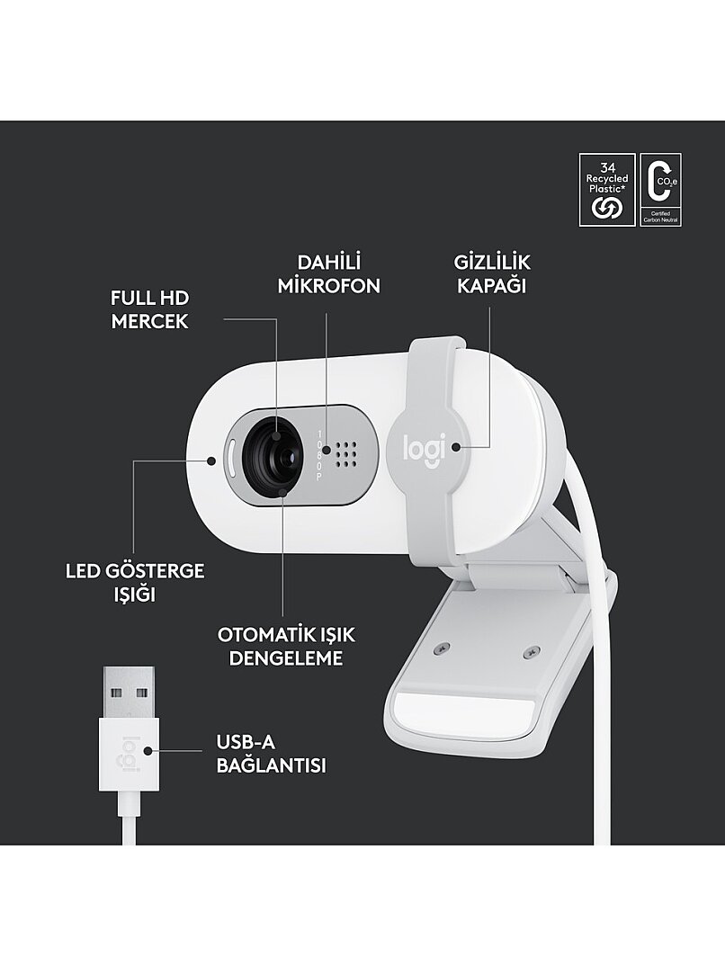 BRIO 100 Full HD 1080p Gizlilik Kapaklı Mikrofonlu Web Kamerası - Beyaz - 5
