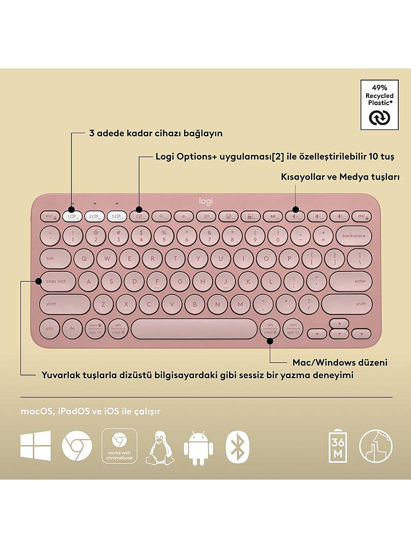 K380S Pebble Keys 2 Bluetooth Pembe Klavye - 6