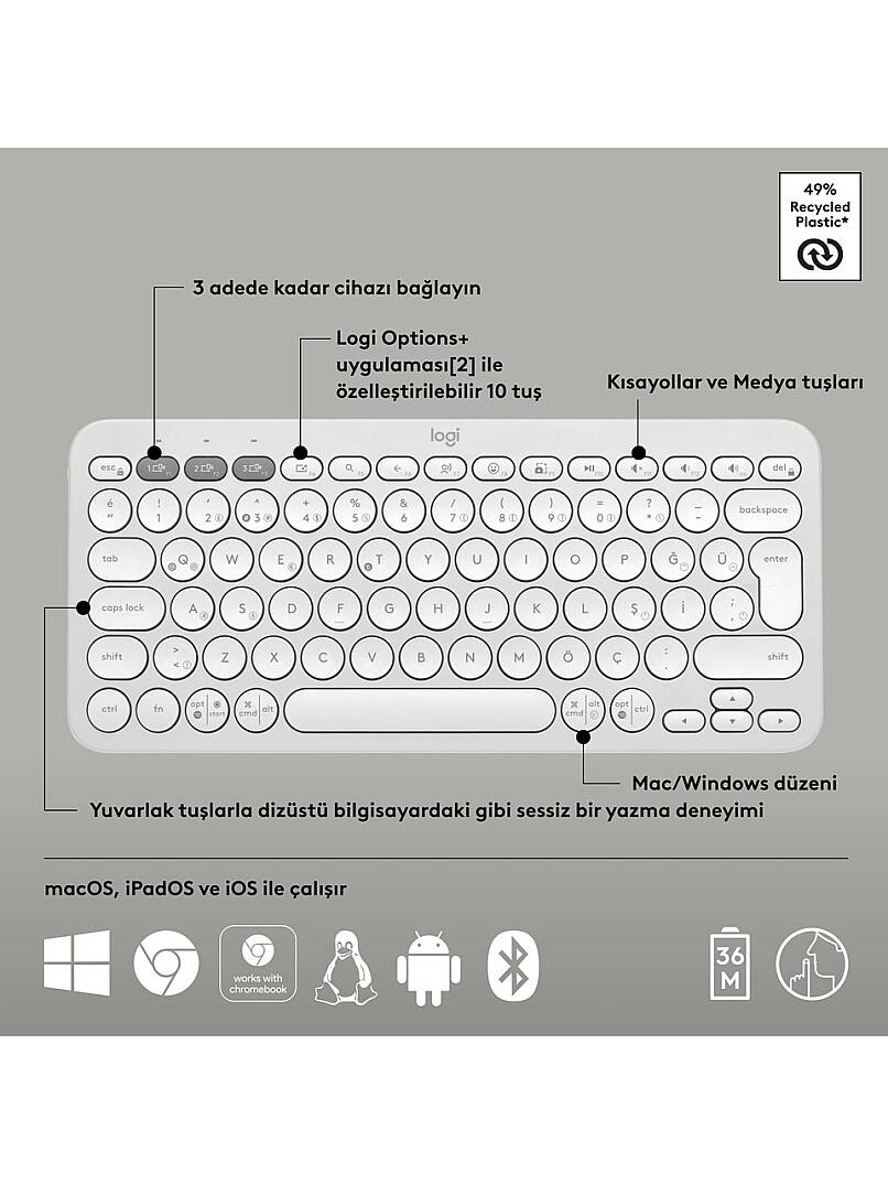 K380s Pebble Keys 2 Çoklu Cihaz Özellikli Bluetooth Türkçe Q Klavye - Beyaz - 6