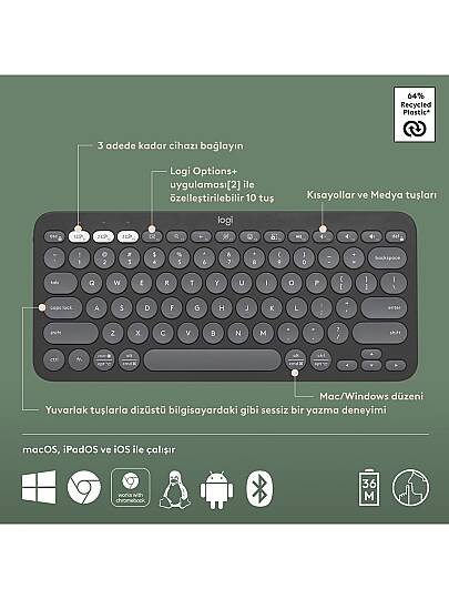 K380s Pebble Keys 2 Çoklu Cihaz Özellikli Bluetooth Türkçe Q Klavye - Siyah - 6