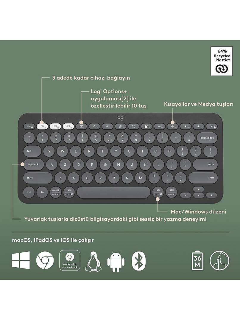 K380s Pebble Keys 2 Çoklu Cihaz Özellikli Bluetooth Türkçe Q Klavye - Siyah - 6