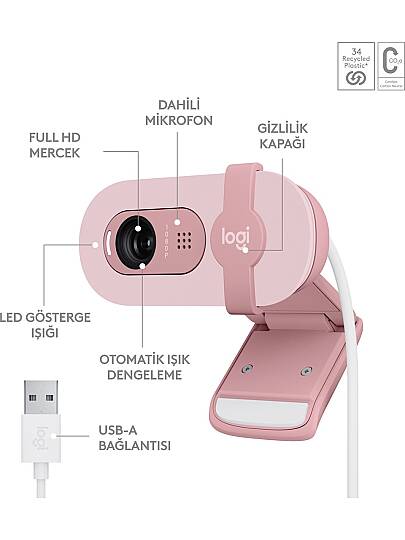 BRIO 100 Full HD 1080p Gizlilik Kapaklı Mikrofonlu Web Kamerası - Pembe (2)