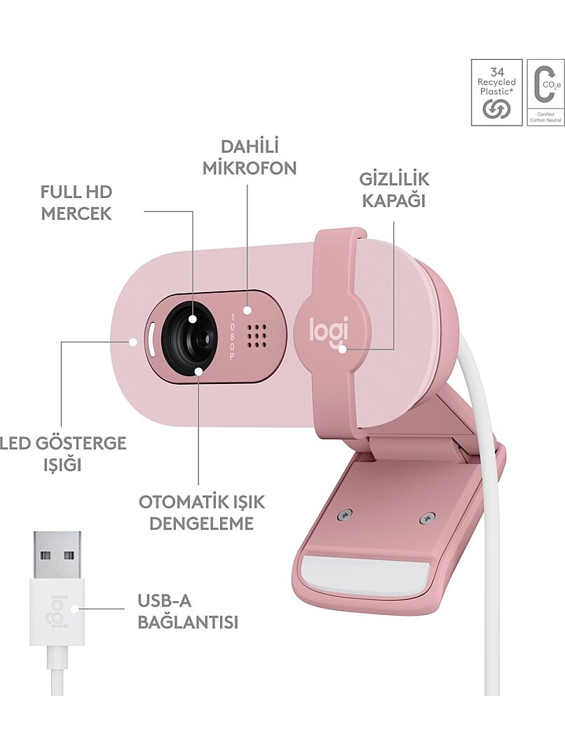BRIO 100 Full HD 1080p Gizlilik Kapaklı Mikrofonlu Web Kamerası - Pembe - 2