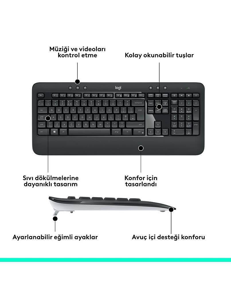 MK540 ADVANCED Kablosuz Türkçe Klavye Mouse Seti - Siyah - 10