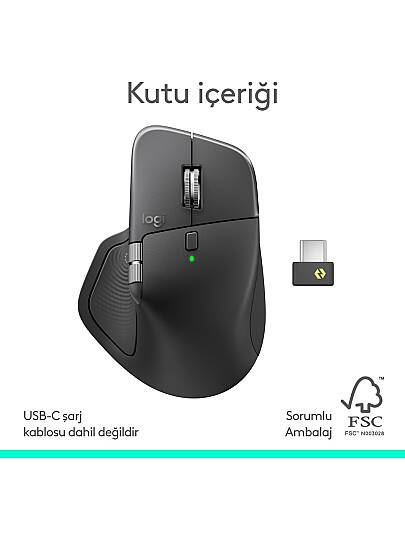 MX Master 4 Dokunsal Geri Bildirim Özellikli 8000 DPI Optik Sensörlü Sessiz Kablosuz Bluetooth Mouse, Koyu Gri - 12